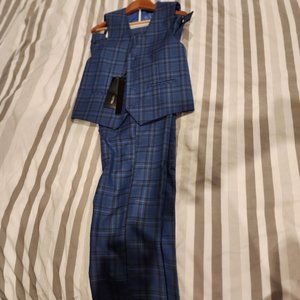 KIDS WORLD OD USA BLUE PLAID SUIT PANTS AND VEST, SIZE 14